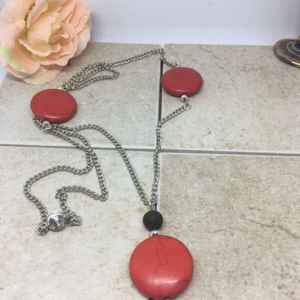 Handmade Womens Necklace Scarlett Red Howlite Bead Lava Stone Drop Long